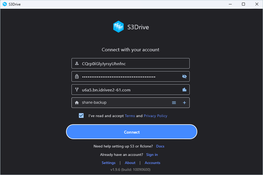 S3Drive connect dialog showing Access Key ID, Secret Key, endpoint, and bucket fields