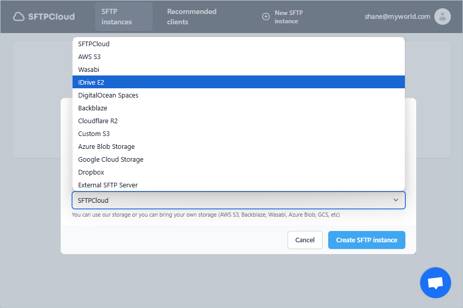 Select IDrive e2 account in the SFTPCloud instance setup