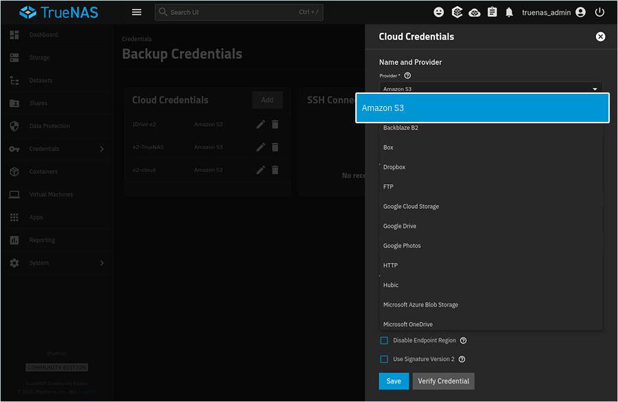 TrueNAS credential form with Amazon S3 selected as the storage provider