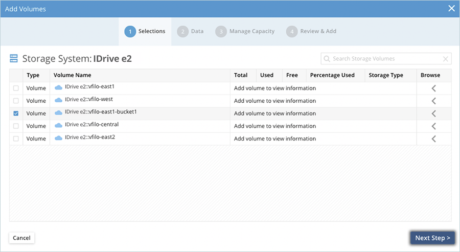 Select an empty IDrive e2 bucket from the list and click Next Step