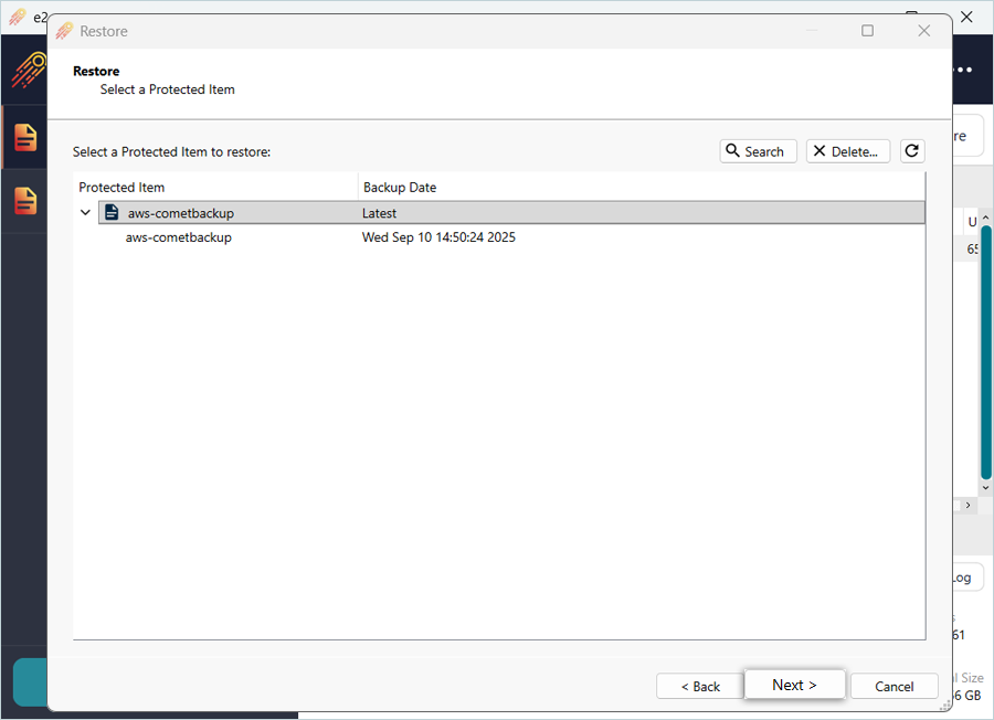 Select the AWS backup from the list and click Next
