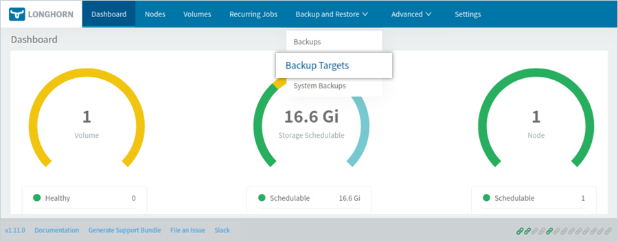 Longhorn console showing the Backup Targets list before creating a new backup target