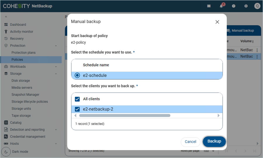 Select both the schedule name and clients to back up, then click Backup