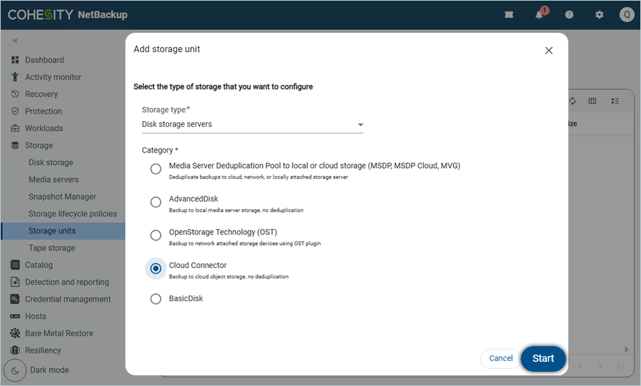 Select Cloud Connector as storage type and click Start
