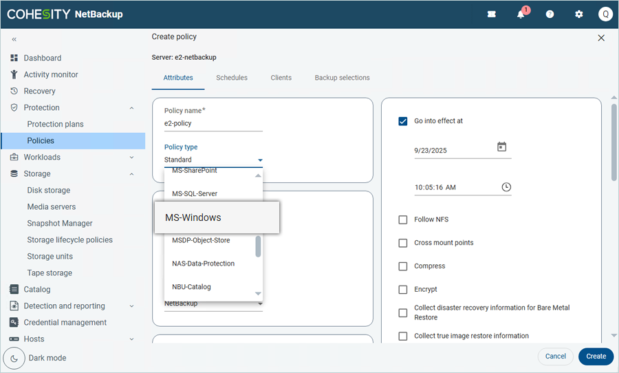 Select MS-Windows as the policy type