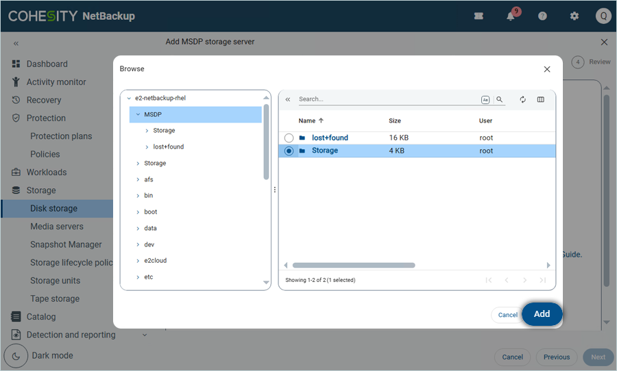 Select Storage folder from Media Server and click Add