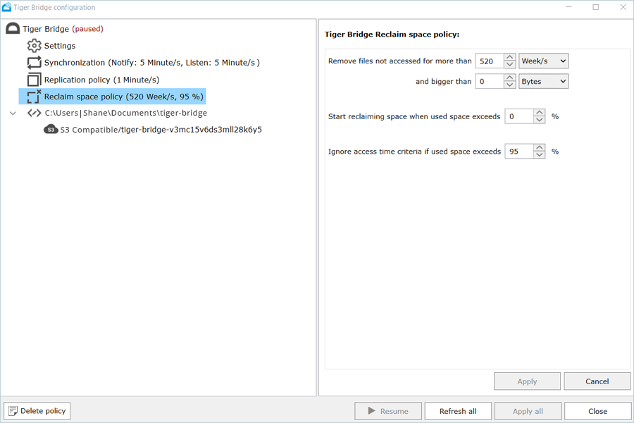 Tiger Bridge Guide - reclaim settings