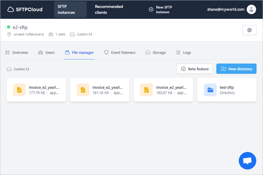 File manager access view after creating the SFTP instance