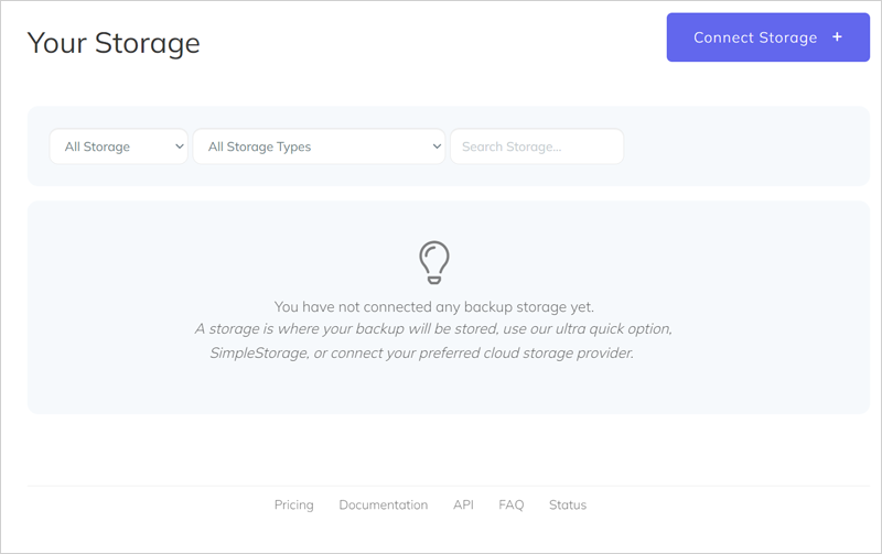 Simple Backups guide - Connect storage screen