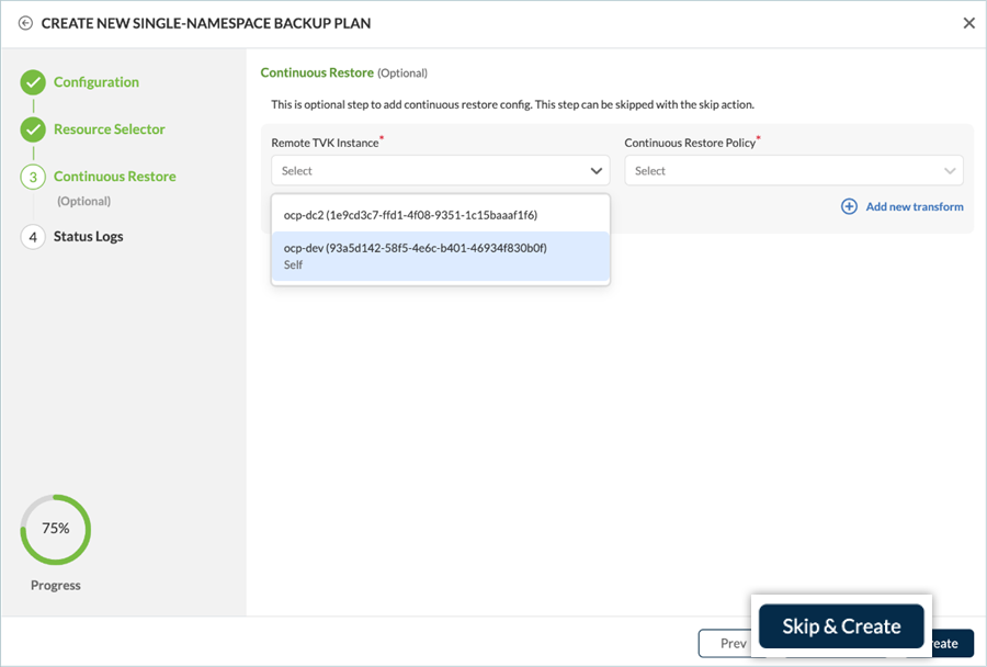 Skip and create screen in Trilio backup setup