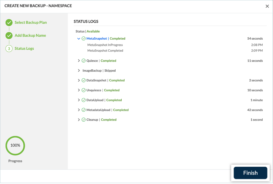 Completed status log screen in Trilio backup setup