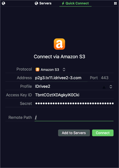 Transmit quick connect screen for IDrive e2 access