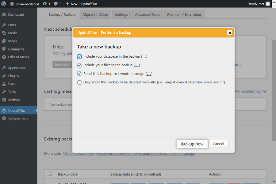 UpdraftPlus backup guide - Remote storage backup now screen