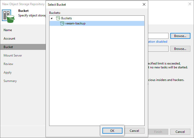 Veeam guide - Confirm the selected bucket