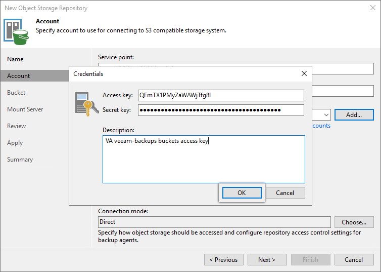 Veeam guide - Enter access key and secret key