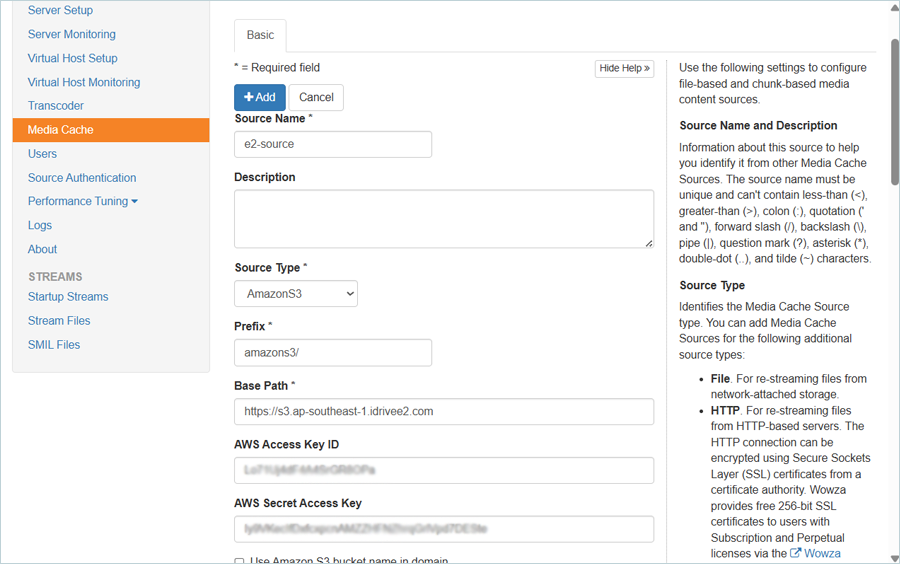 Wowza Guide - Add media cache source details screen
