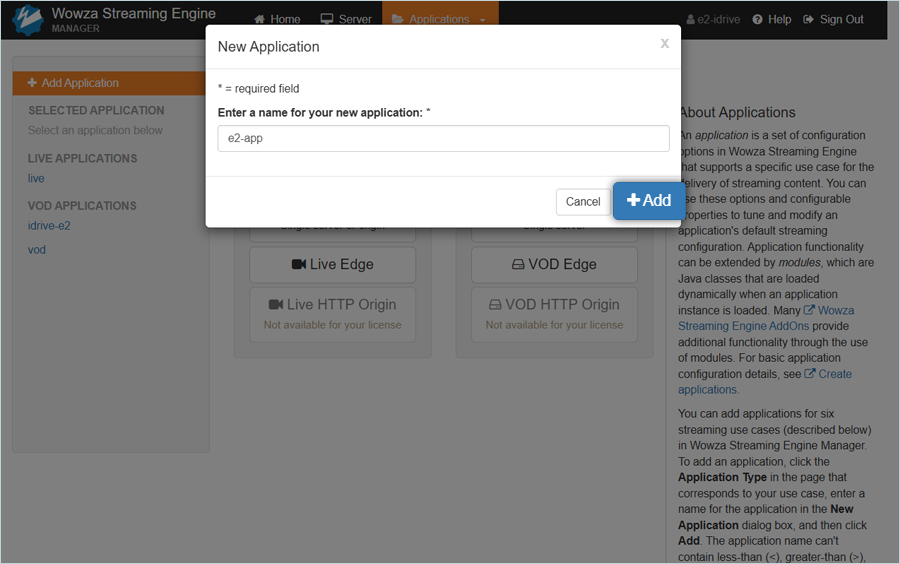 Wowza Guide - Enter application name and add screen