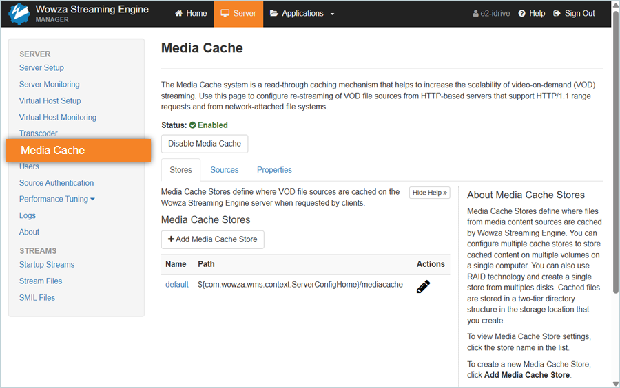 Wowza Guide - Select media cache screen