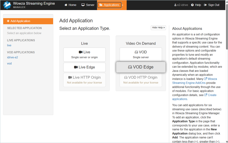 Wowza Guide - Select VOD Edge screen