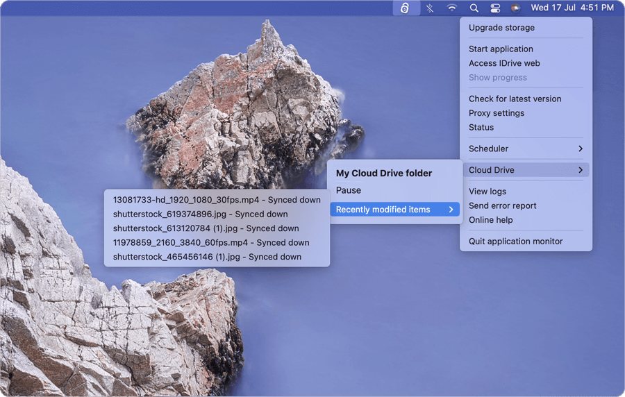 IDrive Cloud Drive menu showing recently modified items on Mac screenshot