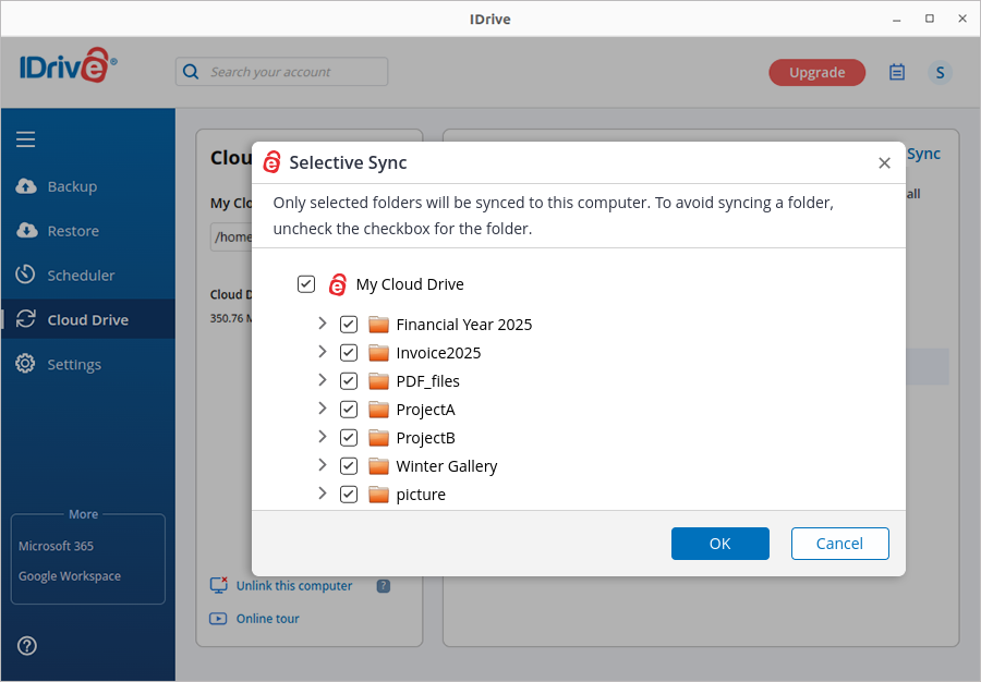 Selective Sync folder deselection dialog screenshot