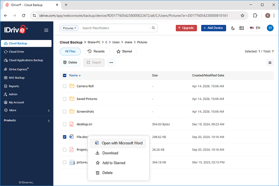 Cloud Backup Select Word File